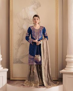 New Designer Wear Faux Georgette <strong>Coding</strong> <strong>Sequence</strong> Embroidered &amp; Pearl Work Top and Sharara With Fancy Lace Dupatta