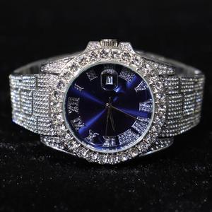 יוקרה כחול חוגה רומאית Moissanite יהלום משובץ שעון יד בסגנון היפ הופ עם תאריך תצוגה מדמה