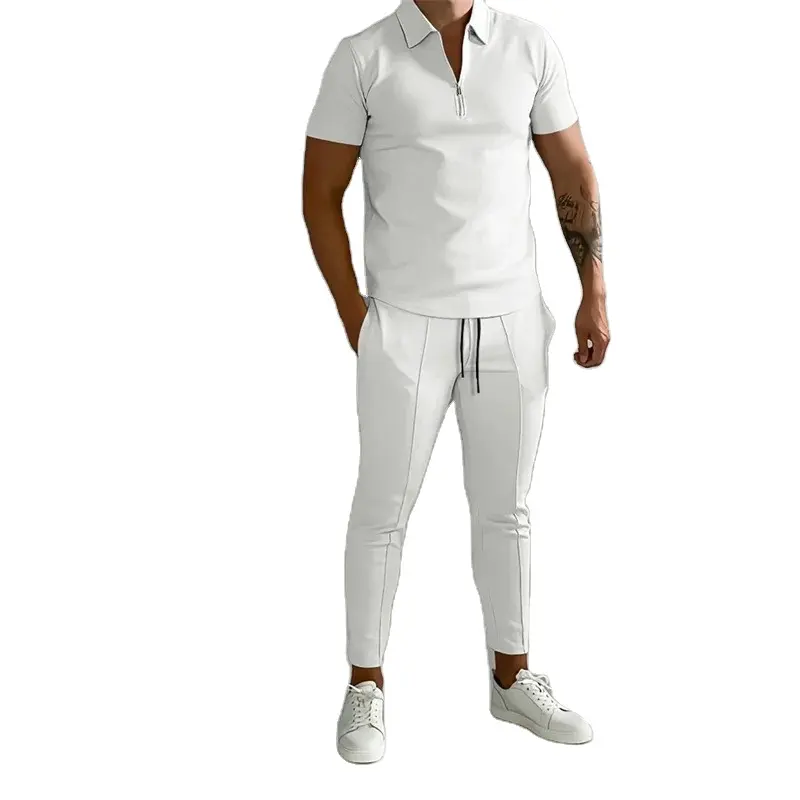 2024 летние спортивные комплекты из двух предметов мужская рубашка-поло на молнии с коротким рукавом приталенные длинные брюки повседневный мужской костюм