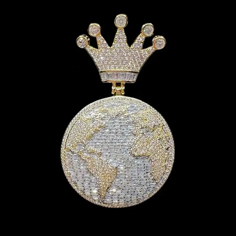 Nouveau Globe Monde Couronne Bail Glacé Diamant 18k Or Pendentif Collier Hip Hop Bijoux Pass Tester VVS Moissanite Pendentif