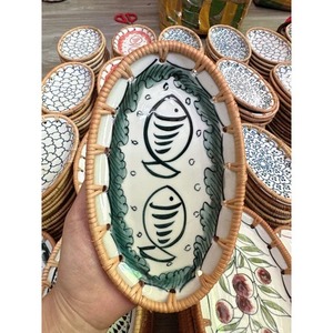 2025 <strong>NEW</strong> ITEM Rustic Style <strong>Handmade</strong> Rattan Ceramic Plate Food <strong>Tray</strong> for Tableware