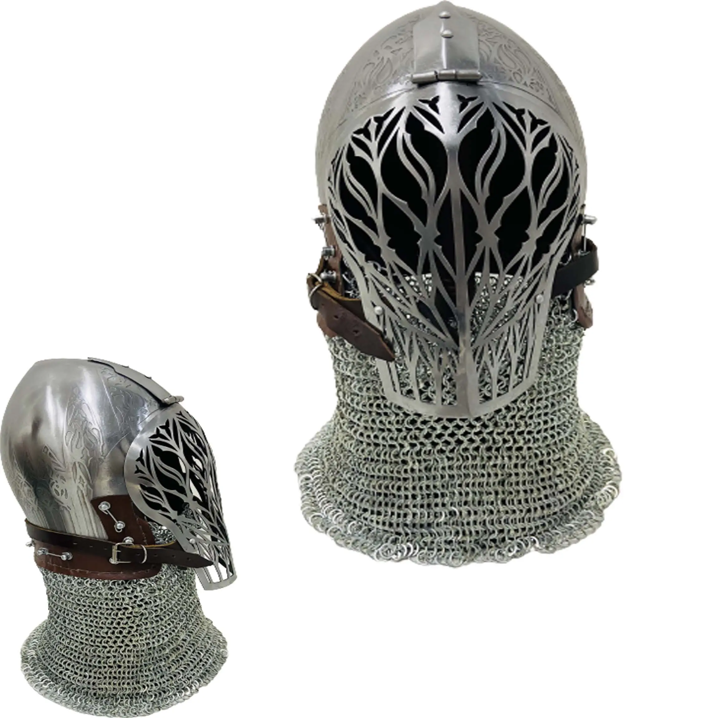 Capacete medieval viking com grade de barra, armadura fechada para combate, capacete de prata com suporte, capacete de rosto inteiro com acabamento prateado