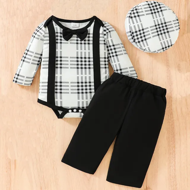 Baby Boy's Plaid Pattern Bodysuit Set Baby Boy Clothes Bow Tie Romper Shirt Suspenders Pants Birthday Outfit Baby Clothing Set