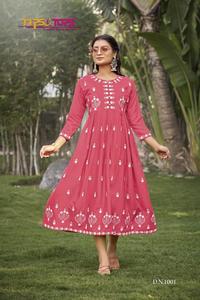 Marutiファッション輸出新デザイン糸仕事レーヨンAnarkaliドレスインド & パキスタン服ネック & スリーブ付きフルファリル - Product Image 4