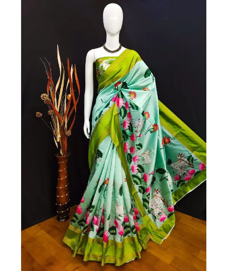 Exklusive beliebteste Qualität weicher Lichi Seiden-Saree mit schönen Aufdruck damenmode modische indische Herstellung Sari