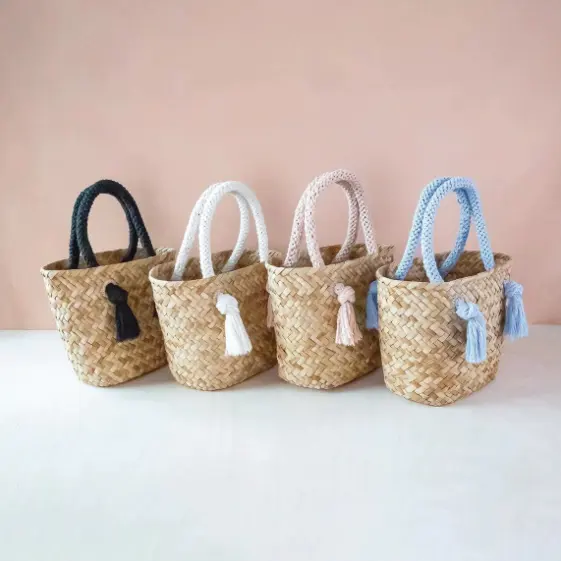 Bolsos hechos a mano de algas marinas suaves naturales con diseño de borlas con forma ancha para uso diario de las mujeres y viajes de verano en la playa