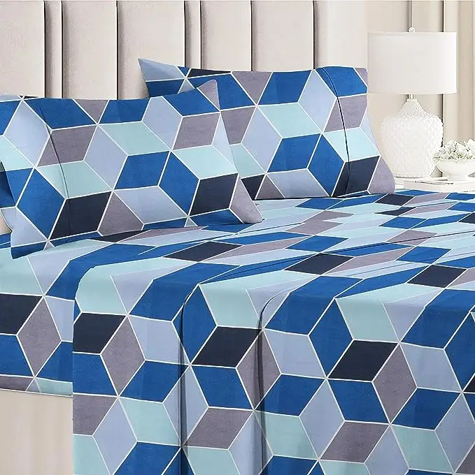 होम बेड शीट माइक्रोफाइबर फुटबॉल फुटबॉल मुद्रित तकिया के साथ गहरे नीले और हल्के नीले रंग का भारतीय बिस्तर शीट