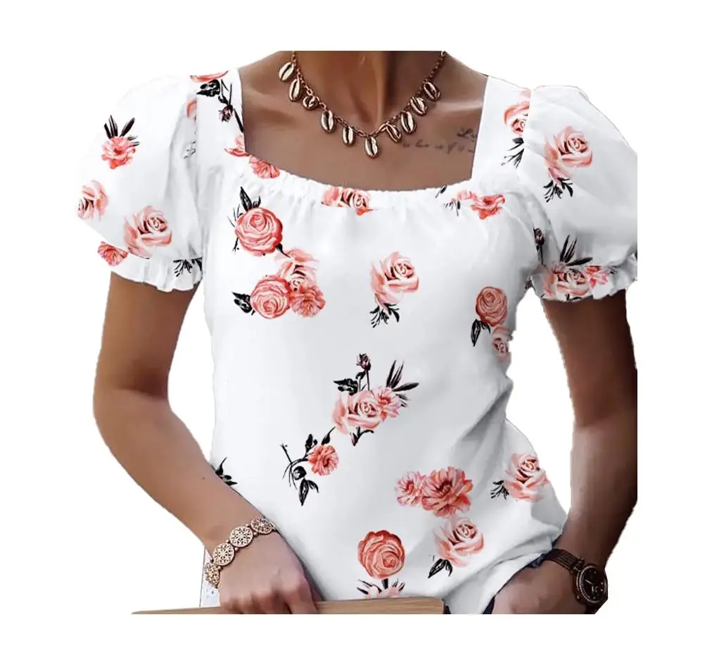 Diseño moderno de lujo al por mayor ropa camisa de manga corta diseño encantador estampado floral camisa Top Look fiestas vestido