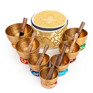 Authentic Antique Brass Singing Bowls Set of 7 Round Die Cut &amp; Plated Custom Logo Printed for Stress Relief and Inner <strong>Peace</strong>