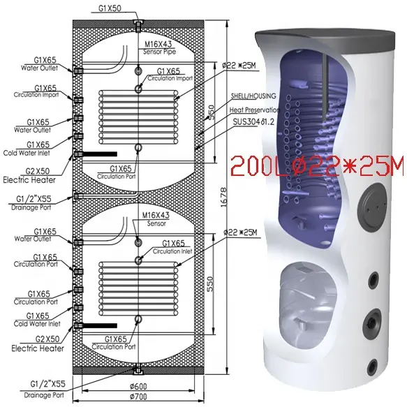 Bobine dello scambiatore di calore 200L + 200L Built-in 2 in 1 rubinetto serbatoio di stoccaggio dell'acqua calda serbatoio tampone di riscaldamento della casa in un serbatoio