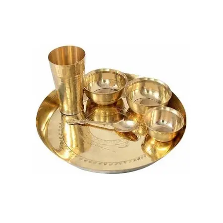Set alat makan Thali warna emas kuningan padat, Set 6 warna emas kuningan padat, ukuran kustom bentuk bulat untuk melayani makanan ringan