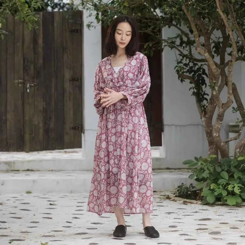 Phụ Nữ Màu Hồng Ăn Mặc Giản Dị Với Đầy Đủ Tay Áo Lớn In Hoa Handmade Nhà Máy Giá Hoa In Mùa Hè Cổ Điển Dresses