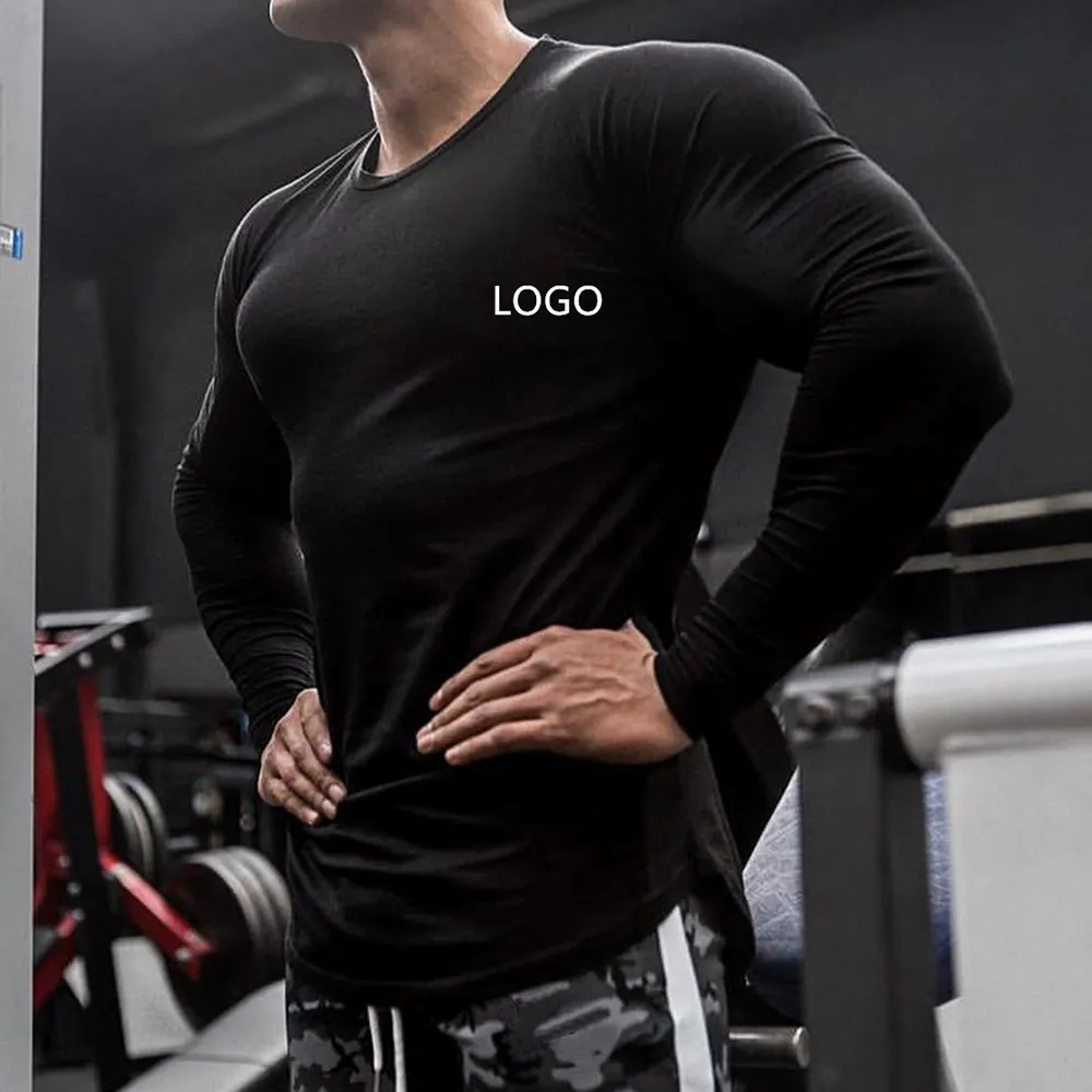 Camiseta de entrenamiento personalizada para hombre, ropa de gimnasio de algodón con estampado de manga larga, estilo Oem, 2022