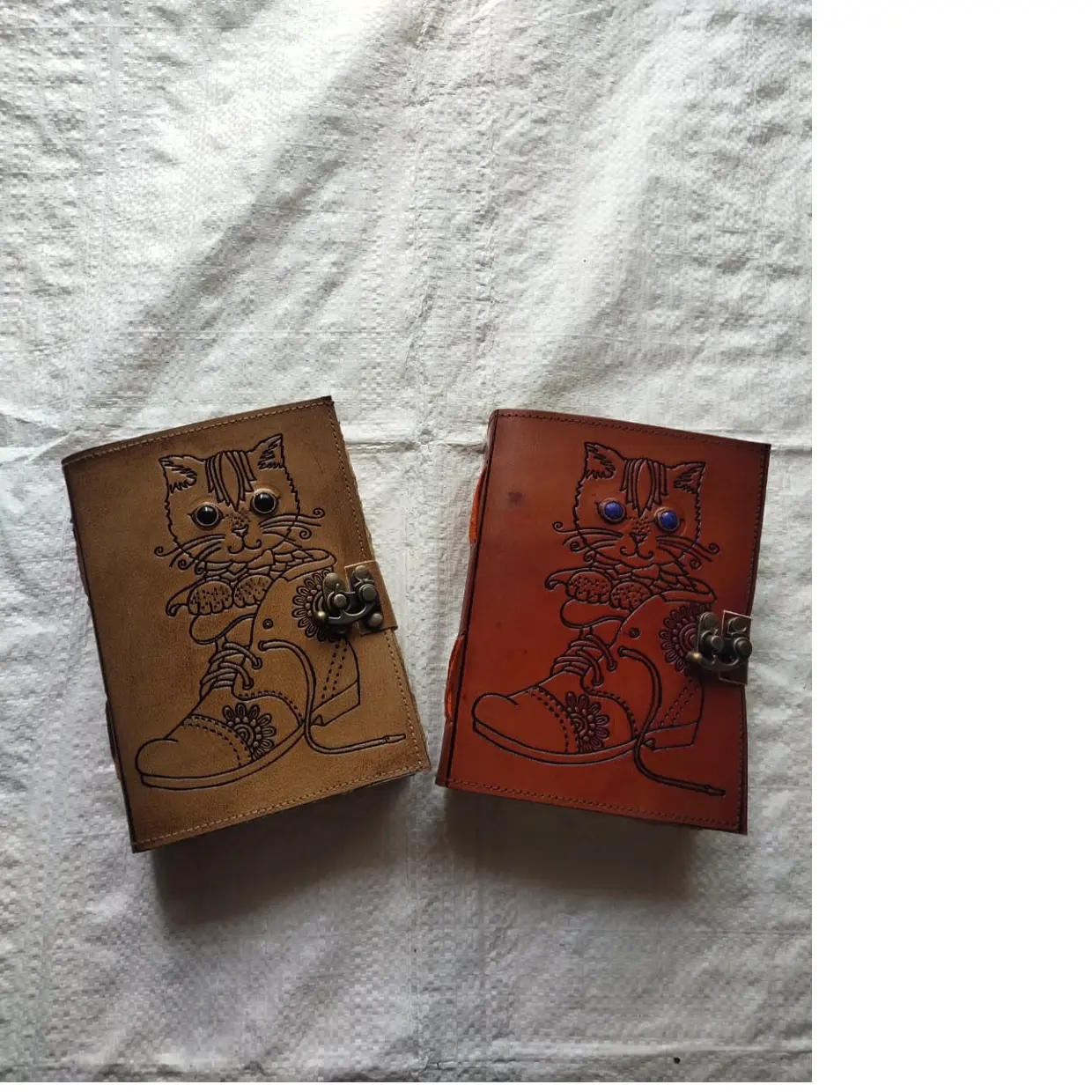 custom embossed cat theme leather journals with stones made with lock using cotton rag handmade papers