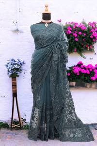 Beautiful Girls' Pakistani <strong>Sari</strong> Soft Net with Embroidered Viscose Thread Sequence Work for Weddings or Parties - Product Image 4