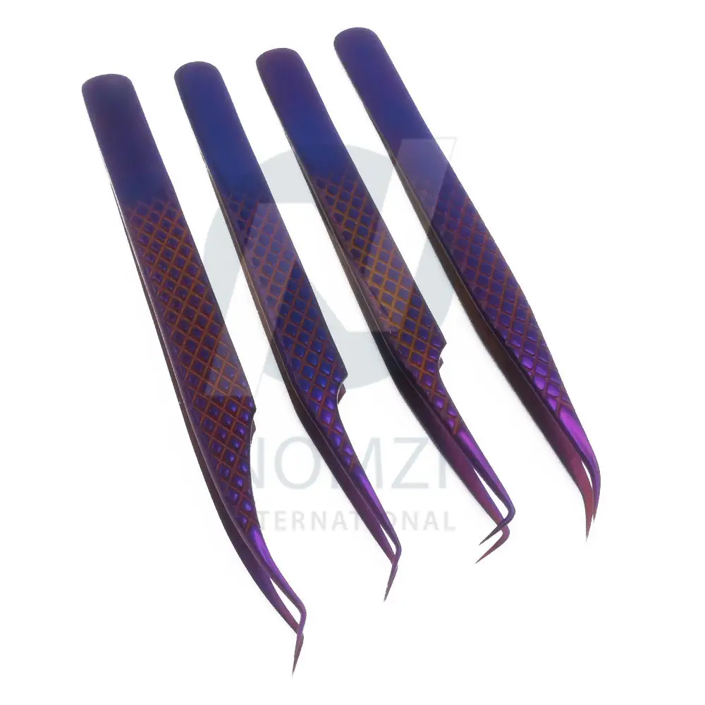 4-teilige Wimpern verlängerung pinzette mit Faser spitzen Blaue Edelstahl-Hochpräzisions-Pinzette für Make-up-Werkzeuge für Volumen ventilatoren