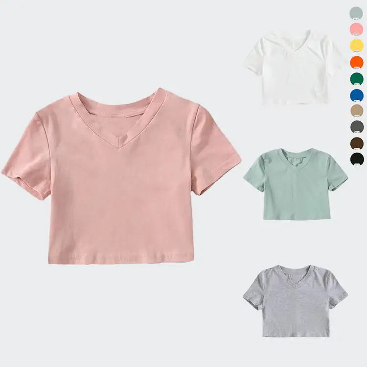 Tùy Chỉnh Thiết Kế Logo Trẻ Em Cotton T-Shirt Cô Gái Giản Dị V Cổ Ngắn Tay Áo Rắn Crop Tops Tee Áo Sơ Mi
