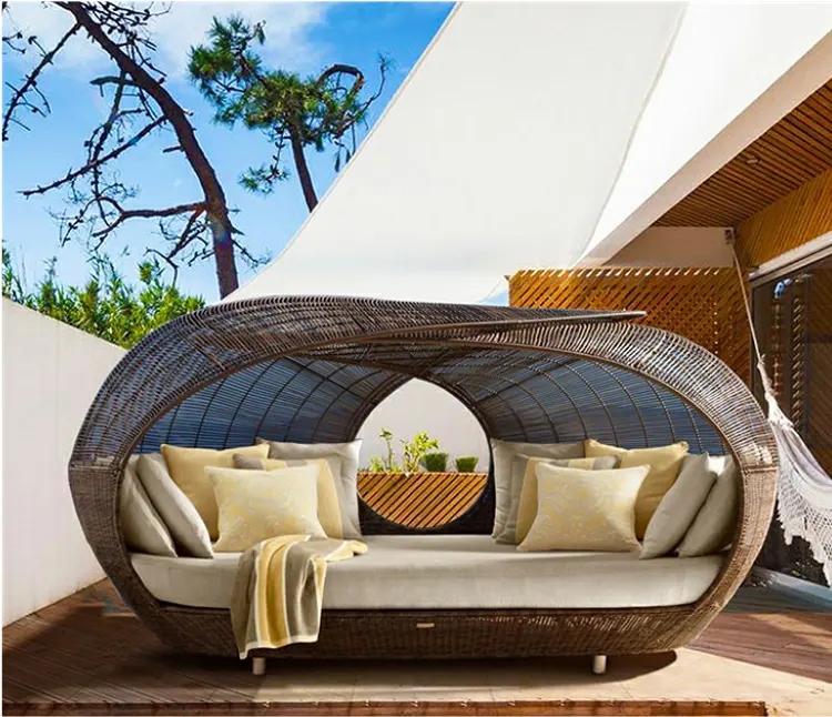 Coussins de piscine extérieure meubles de jardin ronds canapé ensemble lit de soleil métal patio rotin lit de repos imperméable