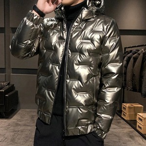男士休闲厚外套时尚派克夹克带兜帽长防风黄色闪亮外套 - Product Image 2