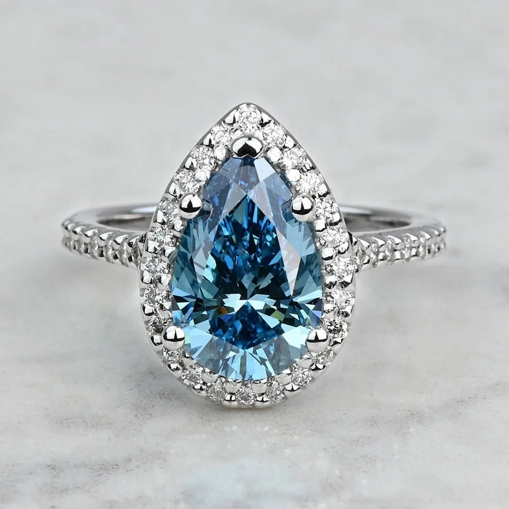 2.70 캐럿 팬시 블루 랩 만든 배 헤일로 다이아몬드 약혼 반지 기념일 선물 여자 14k 화이트 골드 다이아몬드 반지