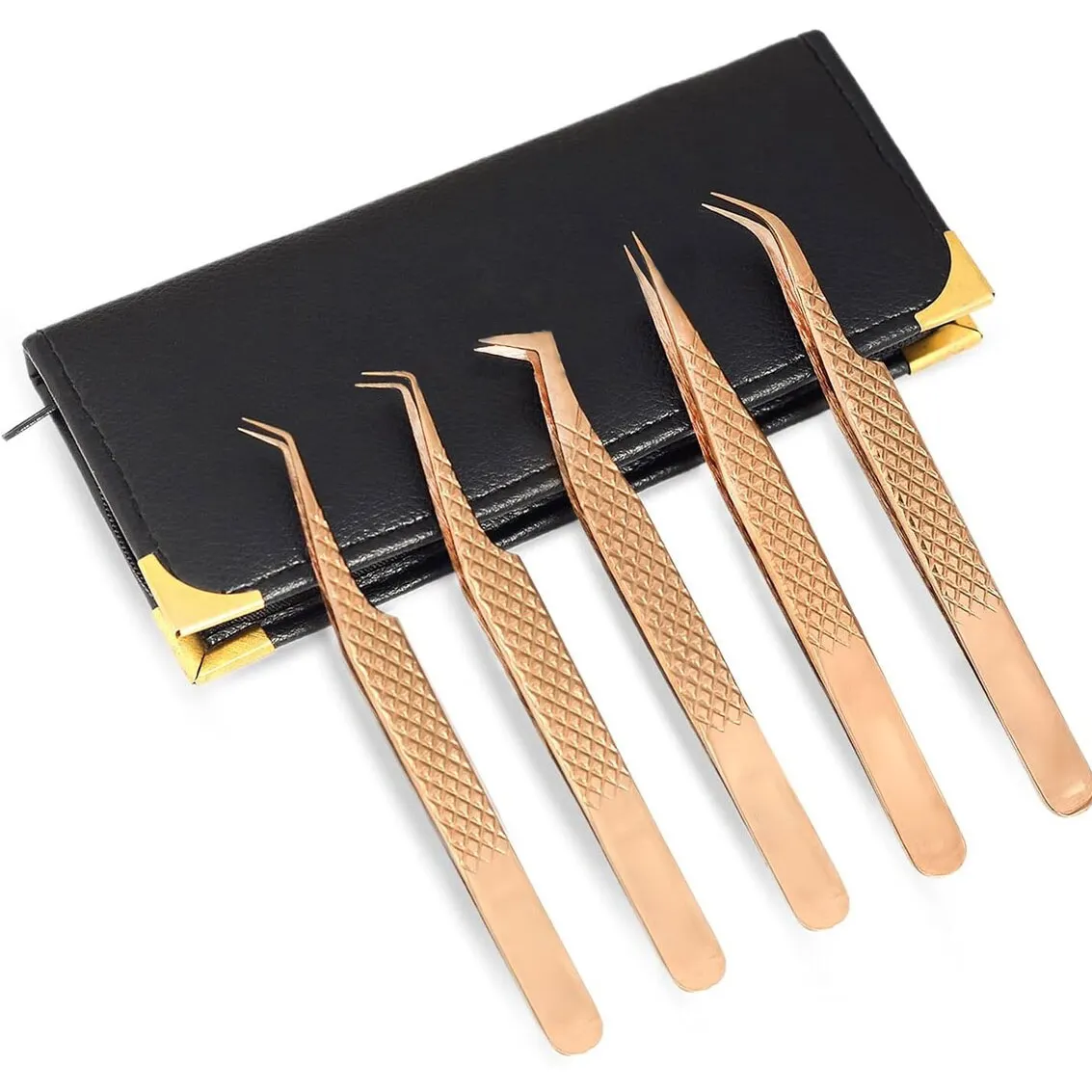 5pcs Eyelash Extension Tweezers Set High Precision Non-slip Lash Tweezers With Portable Storage Box Color Light Gold