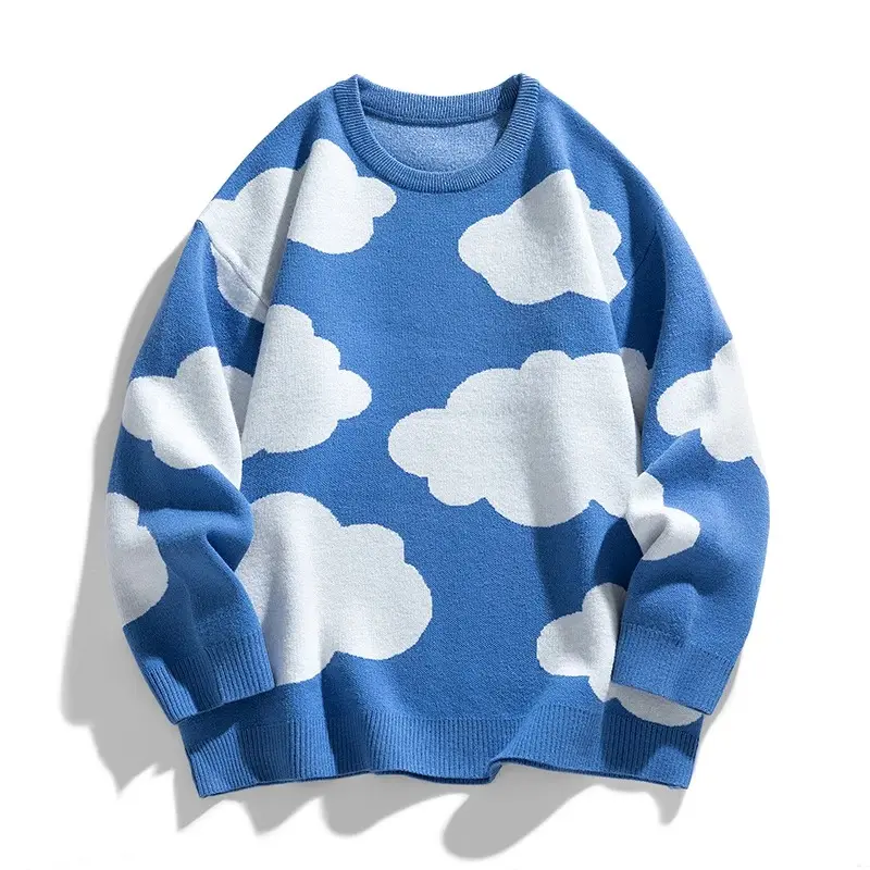 Suéteres de nube de gran tamaño para hombre, suéteres de punto con gráfico Vintage de otoño, a la moda ropa de calle, jerséis con forma de onda, ropa para hombre