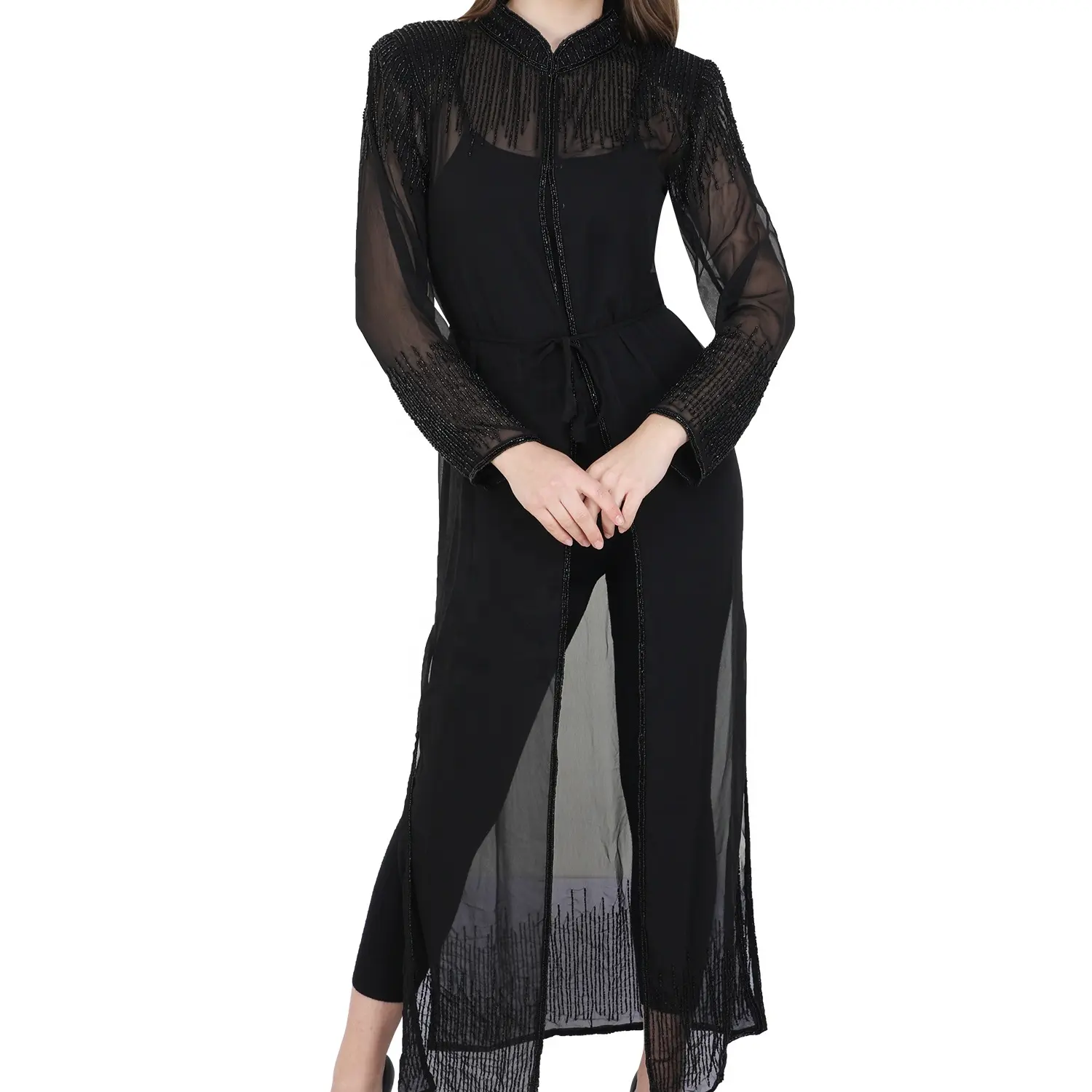 Women UAE Style Open Front Trim Abaya Muslim Islamic Maxi Dress Georgette Long sleeve full length Abaya for party Women clothing