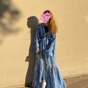 Son varış süper <span class=keywords><strong>Chic</strong></span> uzun <span class=keywords><strong>Kimono</strong></span> kadınlar için V boyun kravat boya bohem plaj tarzı yaz <span class=keywords><strong>Kimono</strong></span> hırka düğmesi toplu yan