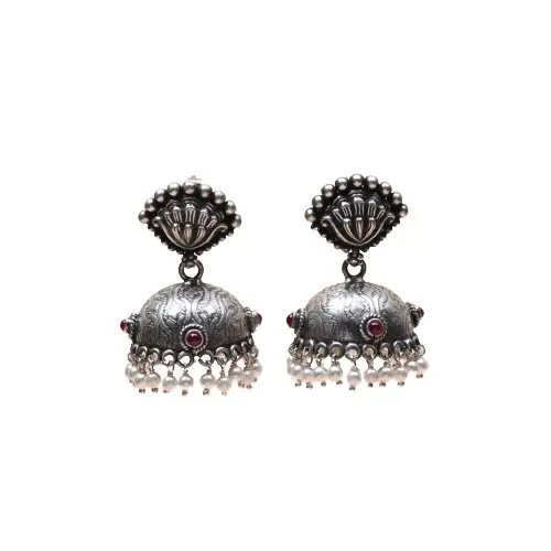 Versatile Utterly Elegant Oxidized Silver Multicolor Stone Studded Floral Motif Women Jhumka Earring as Ethnic wear at Low Cost