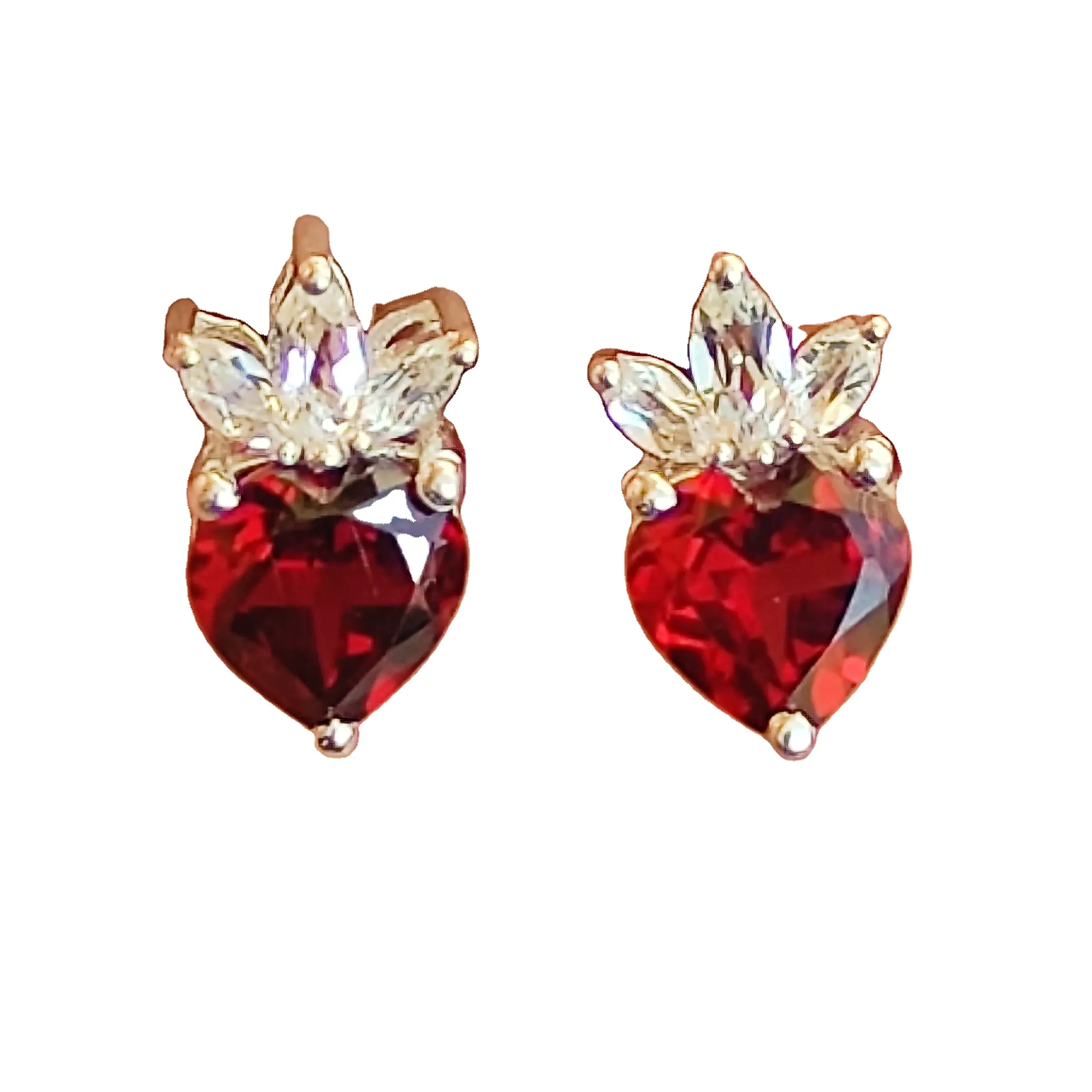 New Hot Vintage Fashion 925 Silver Fine Red Ruby Heart Garnet Natural Stone Diamond Earrings For Women Customized Gold Plated