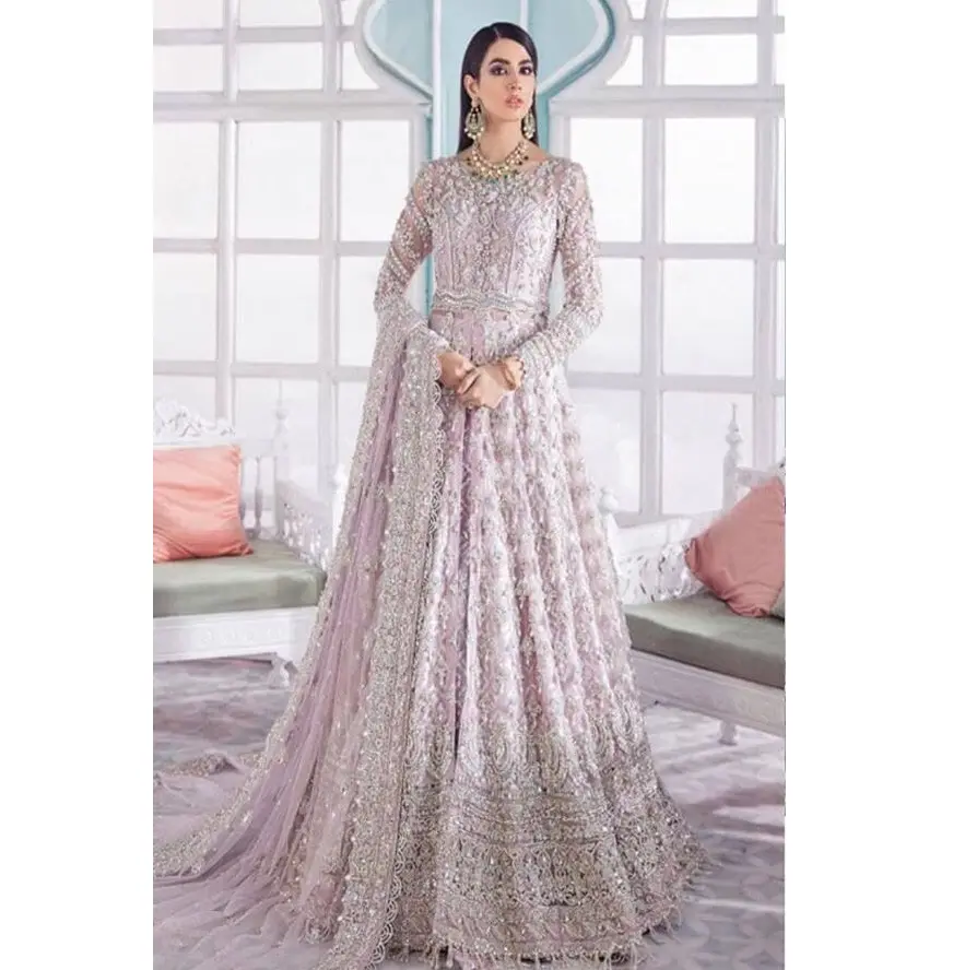 Traje exclusivo de red Anarkali Salwar Kameez, traje de diseño paquistaní Salwar Kameez, traje de fiesta con trabajo pesado bordado