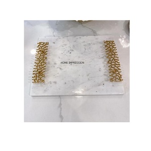 真正的实心大理石漂亮金属手柄托盘手工设计师花手柄大理石托盘定制豪华廉价大理石托盘 - Product Image 3
