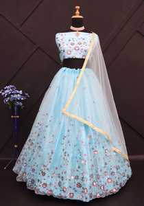 インドブティックスカイブルーカラートレンディなパーティーウェアデザイナーLehenga Choliネットシルクとシーケンス作品を販売 - Product Image 3