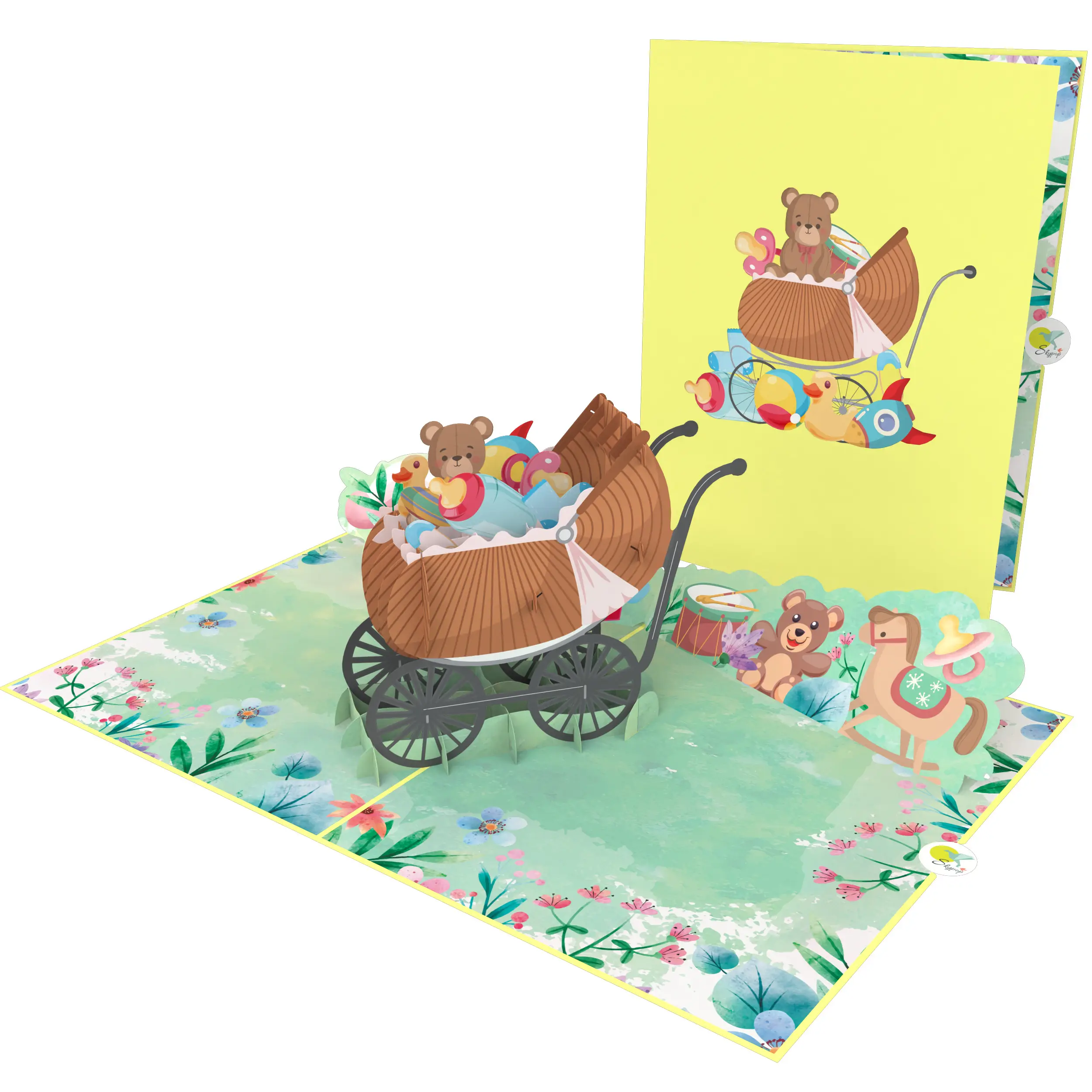 Lovely Baby Carriage 3D Pop Up Card Venta caliente Best Seller para el cumpleaños del bebé Recién nacido Aniversario Tarjeta 3D Papel hecho a mano Las