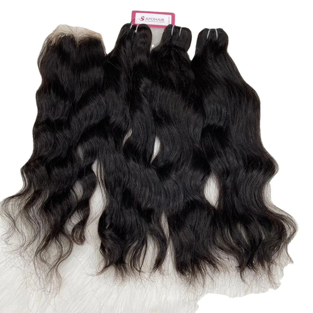 Set Make Pruiken-Bundels En Sluiting Ruwe Human Hair Extensions Natuurlijke Golvende Zwarte Kleur