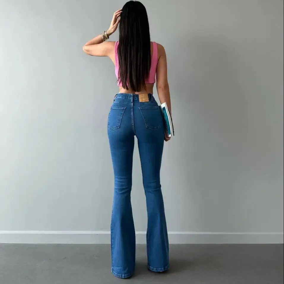 Flare Mujer Denim jeans azul pantalones mamá denim