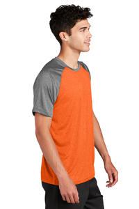 男性用半袖Tシャツマルチカラーオレンジ/ライトグレーST362スポーツ-Tek Heather-On-Heather Contender Tシャツ