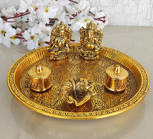 Direct from Indian supplier Brass Deep Embossed Design <strong>Shree</strong> Ganesh &amp; Laxmi 6 Pieces Set <strong>Pooja</strong> Thali, Width-23.11 cm - Product Image 1