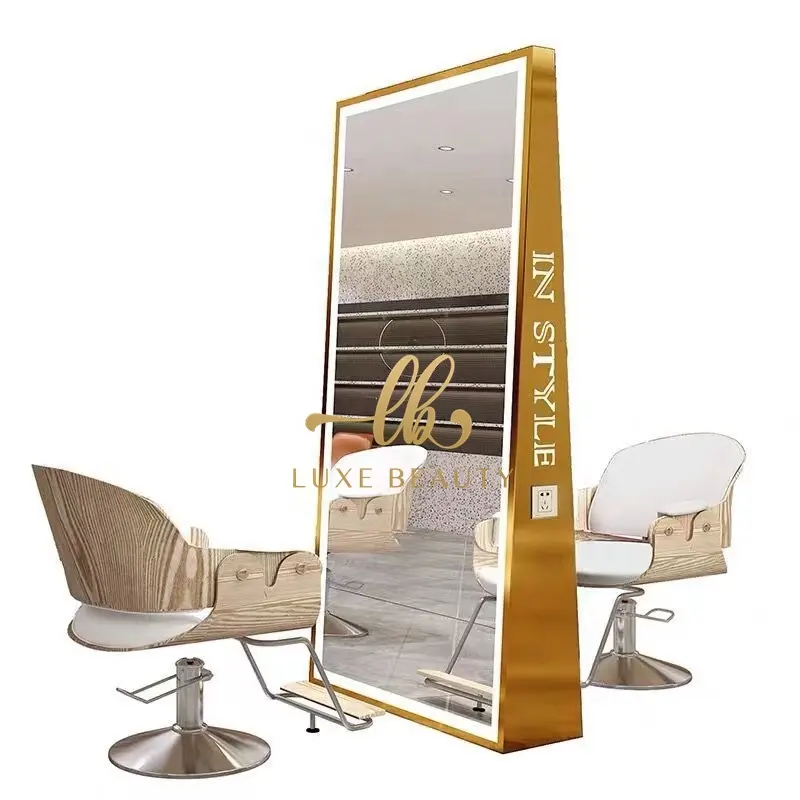 Conjunto de muebles para salón de belleza, espejo de barbero de doble cara, estación de espejos de suelo de estilismo de lujo con iluminación LED