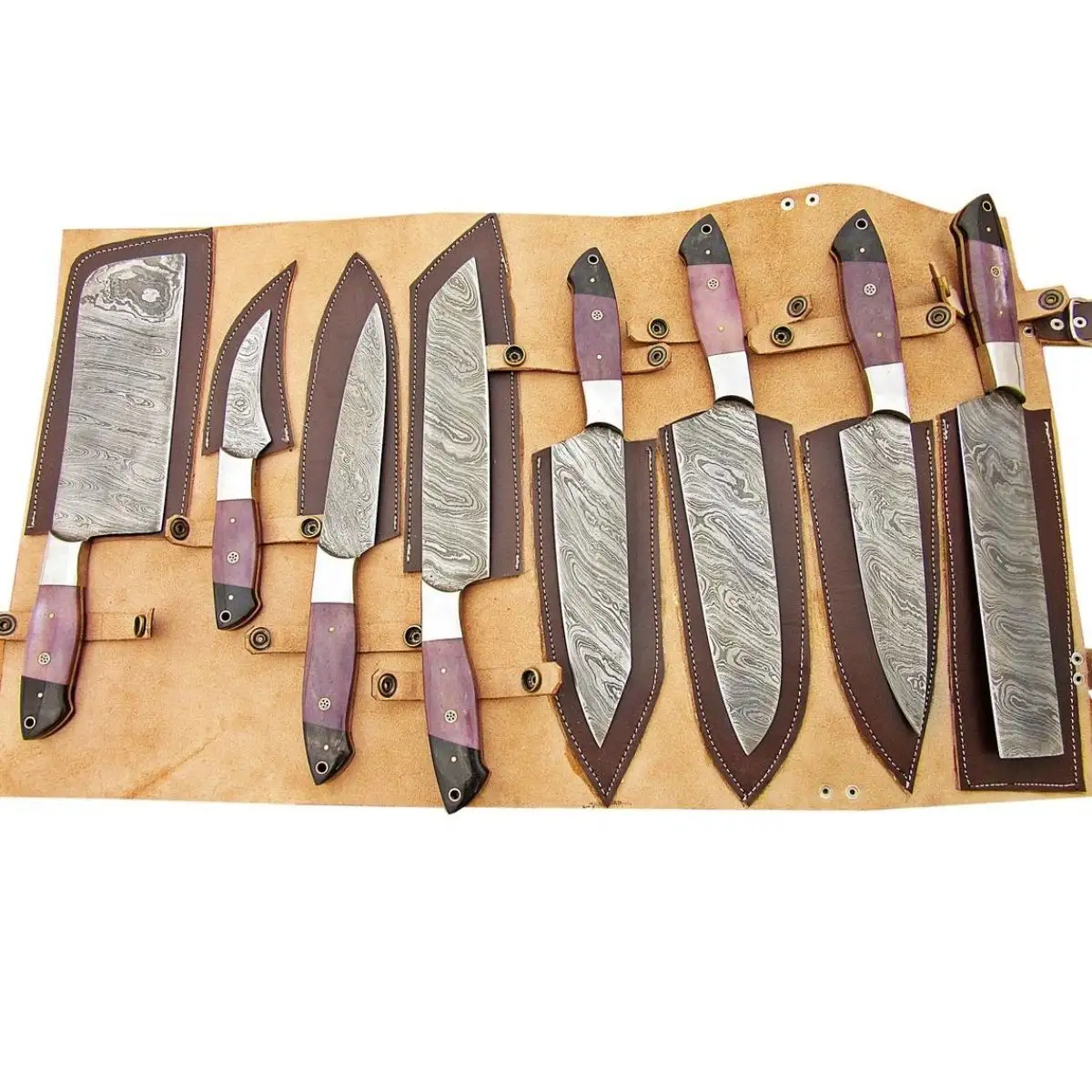 8 Stück Slicer Kochmesser Edelstahl Set heiß verkauft Custom Handmade Kochmesser Set rasiermesser scharf acht Stück Mit Leder rolle