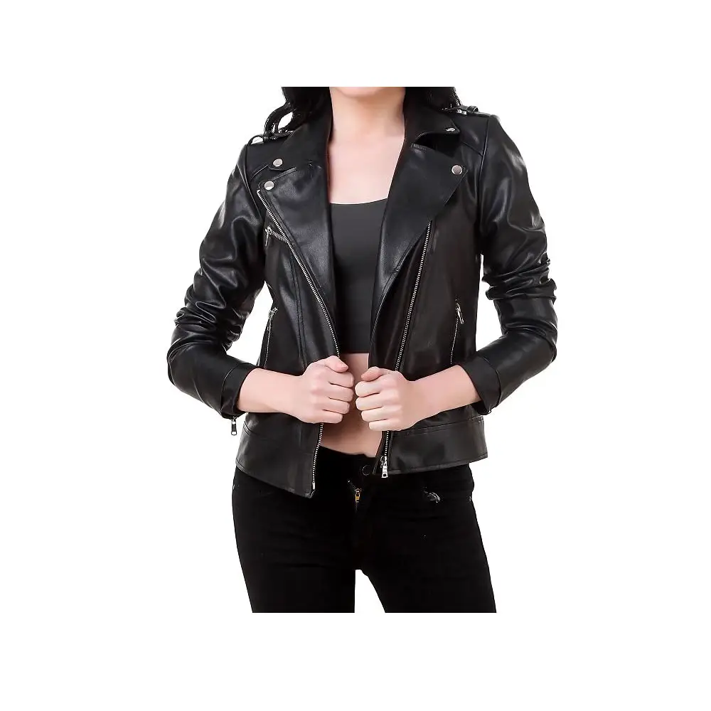 Nouvelle mode veste en cuir PU noir de motard Moto pour femme