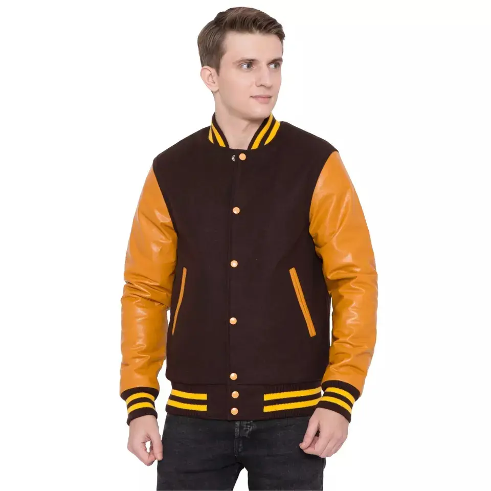 Jaqueta Versity Letterman de beisebol jaqueta de basquete unissex de lã roxa ouro amarelo couro premium qualidade