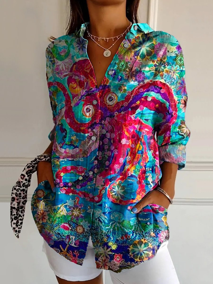 Red octopus green shirt