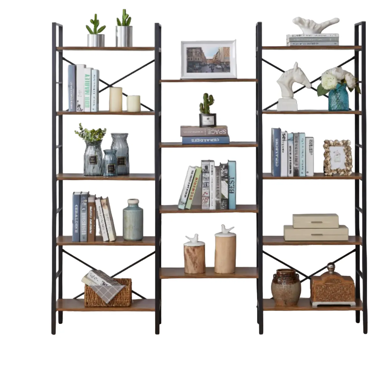 Huisdecoratie Boekenzelf Metaal En Hout Moderne Stijl, Hoge Boekenplank Opbergmeubilair Voor Kantoor