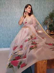 手绘纱丽配跑步衬衫派对装Pooja排灯节婚礼功能Sadi Sari印度批发2025排灯节 - Product Image 5