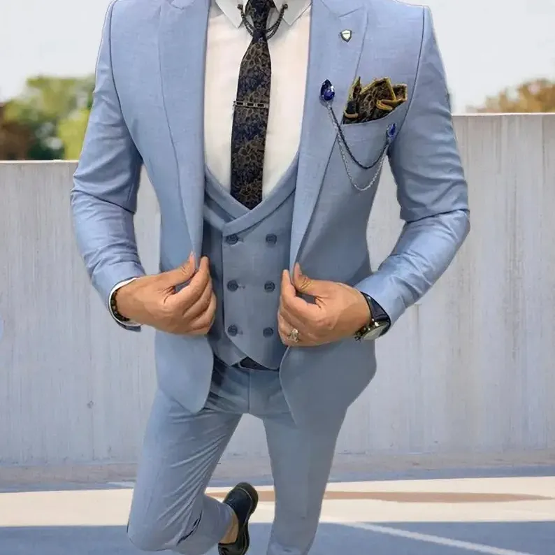 Traje de hombre de negocios de diseñador italiano azul cielo 3 uds turco Formal ajustado hombres novio traje de boda de tres piezas para exportación a granel OEM