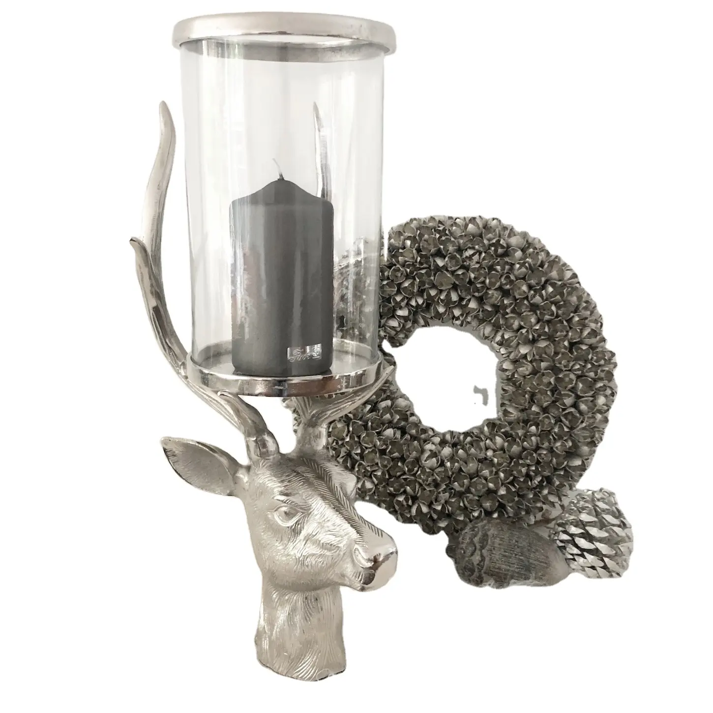 Mesa de quarto Decorativa Metal Vidro T Luz Lanterna Vela com Deer Heads Stand Luxo Silver Handmade Candleholder para Festa