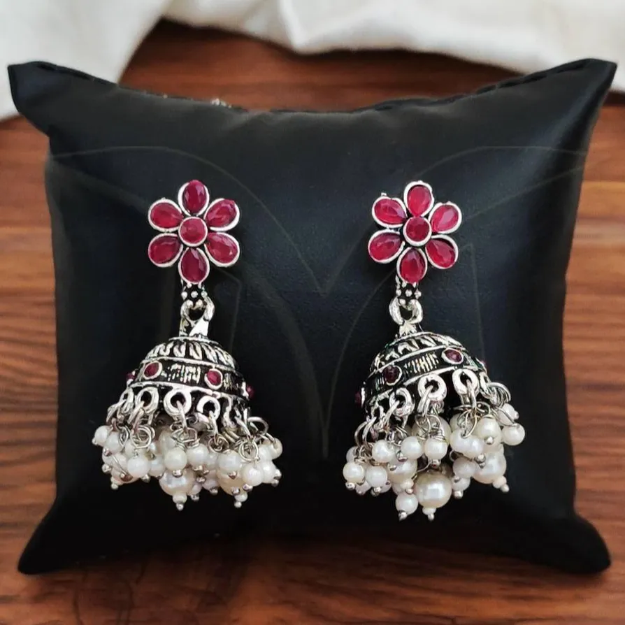 ossidato Jhumka Design ossidato argento lucido stile fantasia perla agglomerata accessori per gioielli accessori per gioielli orecchini Jhumka donna