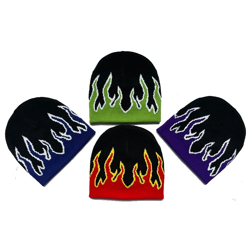 Nouveau 2023 Flamme Tricot Bonnet Chapeaux Personnalisé Flamme Motif Jacquard Tricot Bonnet Garder Au Chaud Multicolore Skullies Bonnets