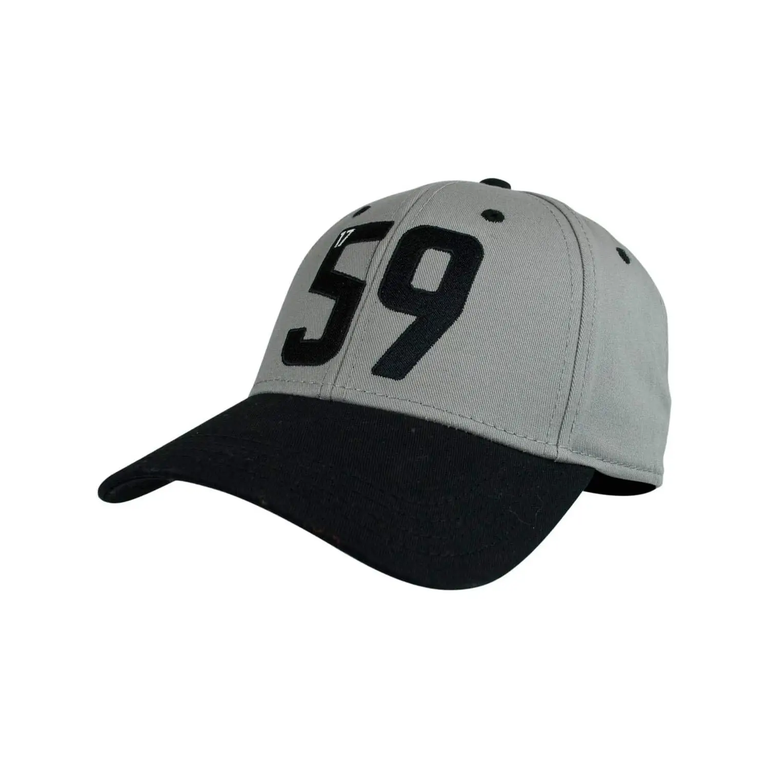 숯 회색과 검정색 맞춤형 로고가있는 조정 가능한 59 야구 모자.